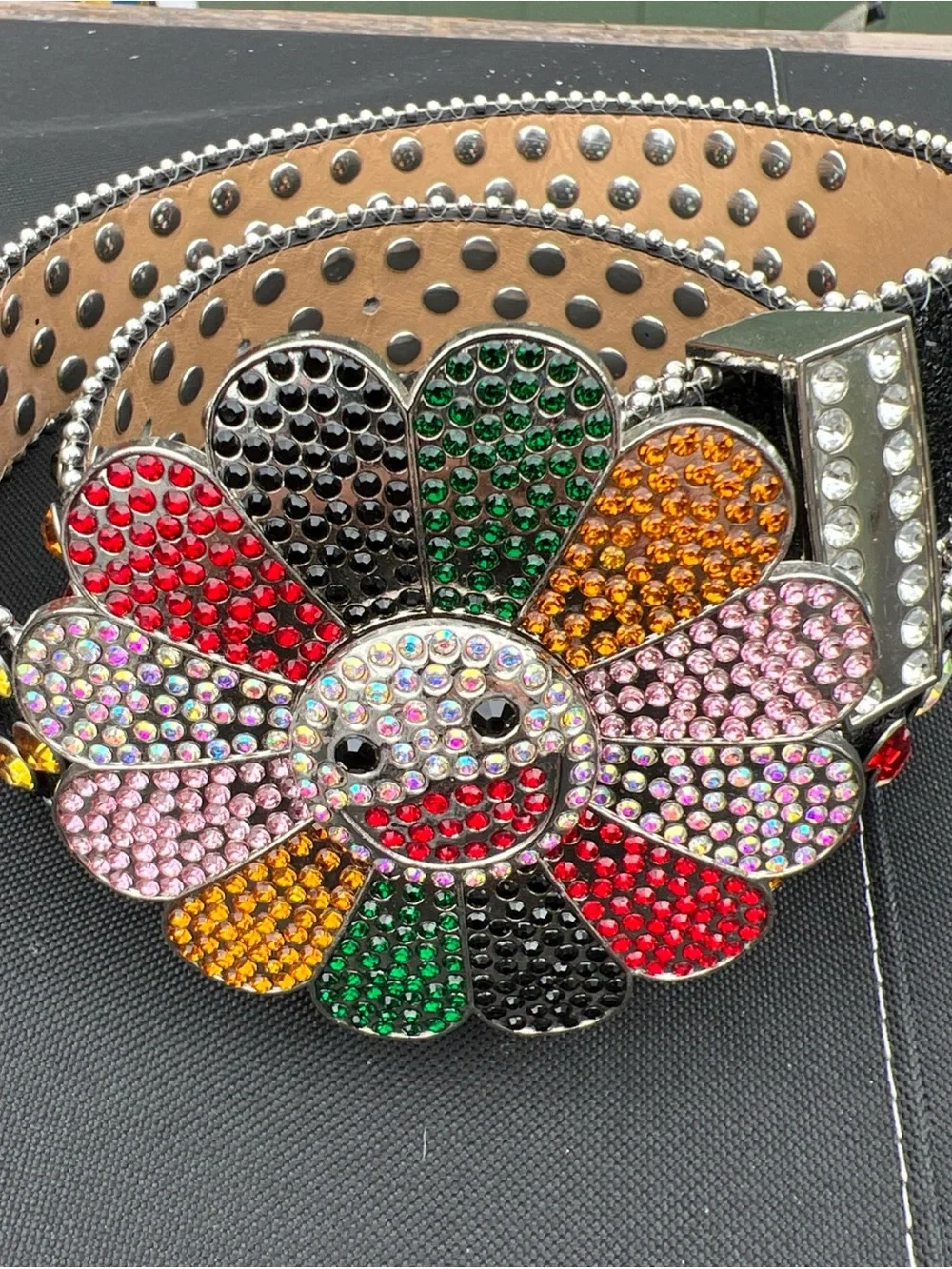Y2K MURAKAMI FLOWER SILVER RHINESTONE GLITTER STUDDED BB BELT *1 Rhinestone Miss